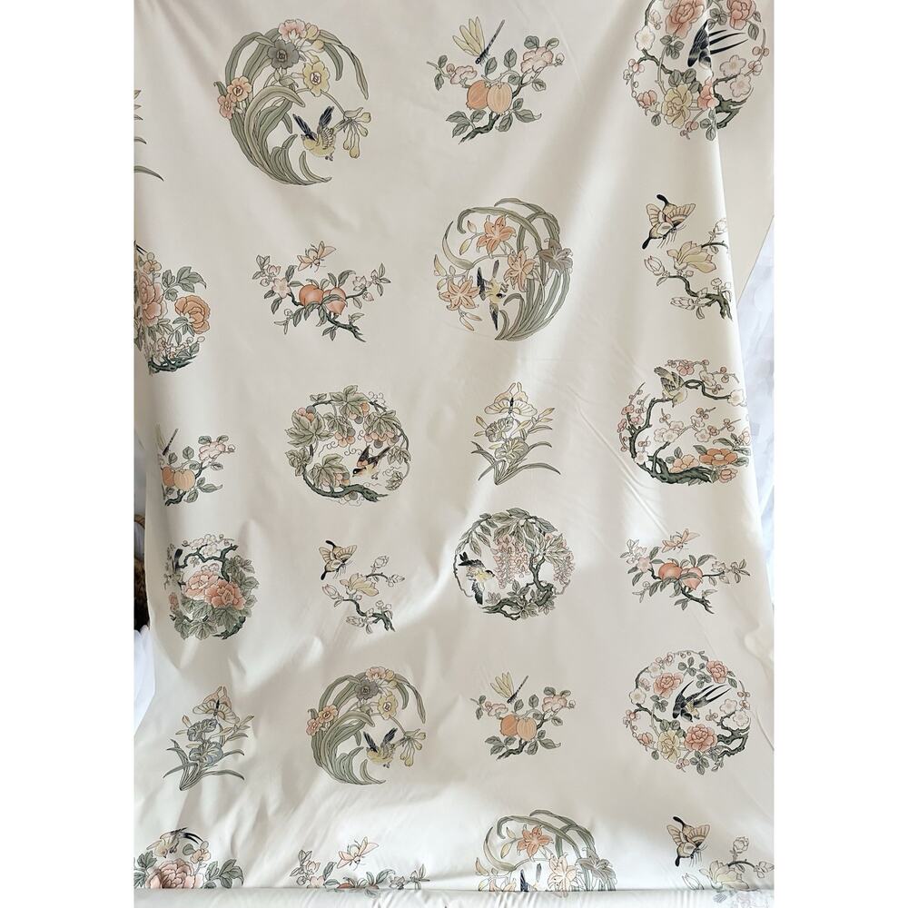 VTG MCM Chinoiserie Fabric Cream Green Asian Birds Floral Fruit LIGHTWEIGHT